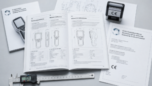 Open technical manual with engineering diagrams and multilingual text alongside CE marking stamp and precision tools
