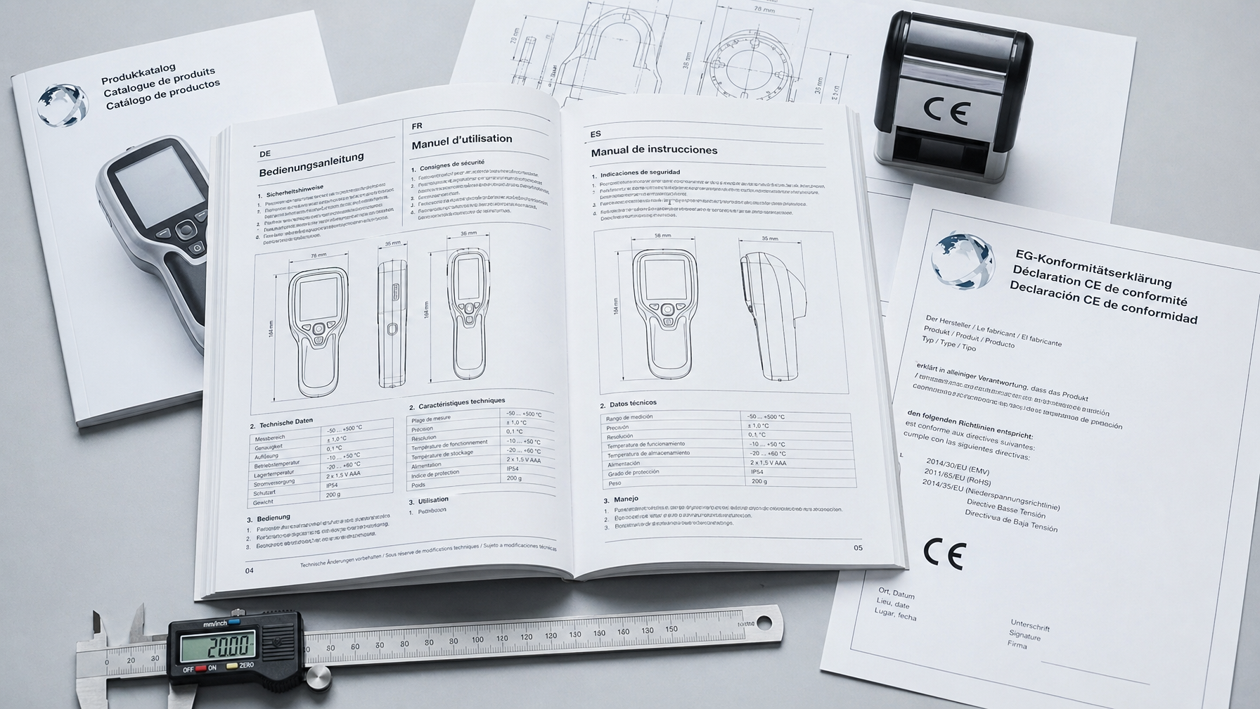 Open technical manual with engineering diagrams and multilingual text alongside CE marking stamp and precision tools