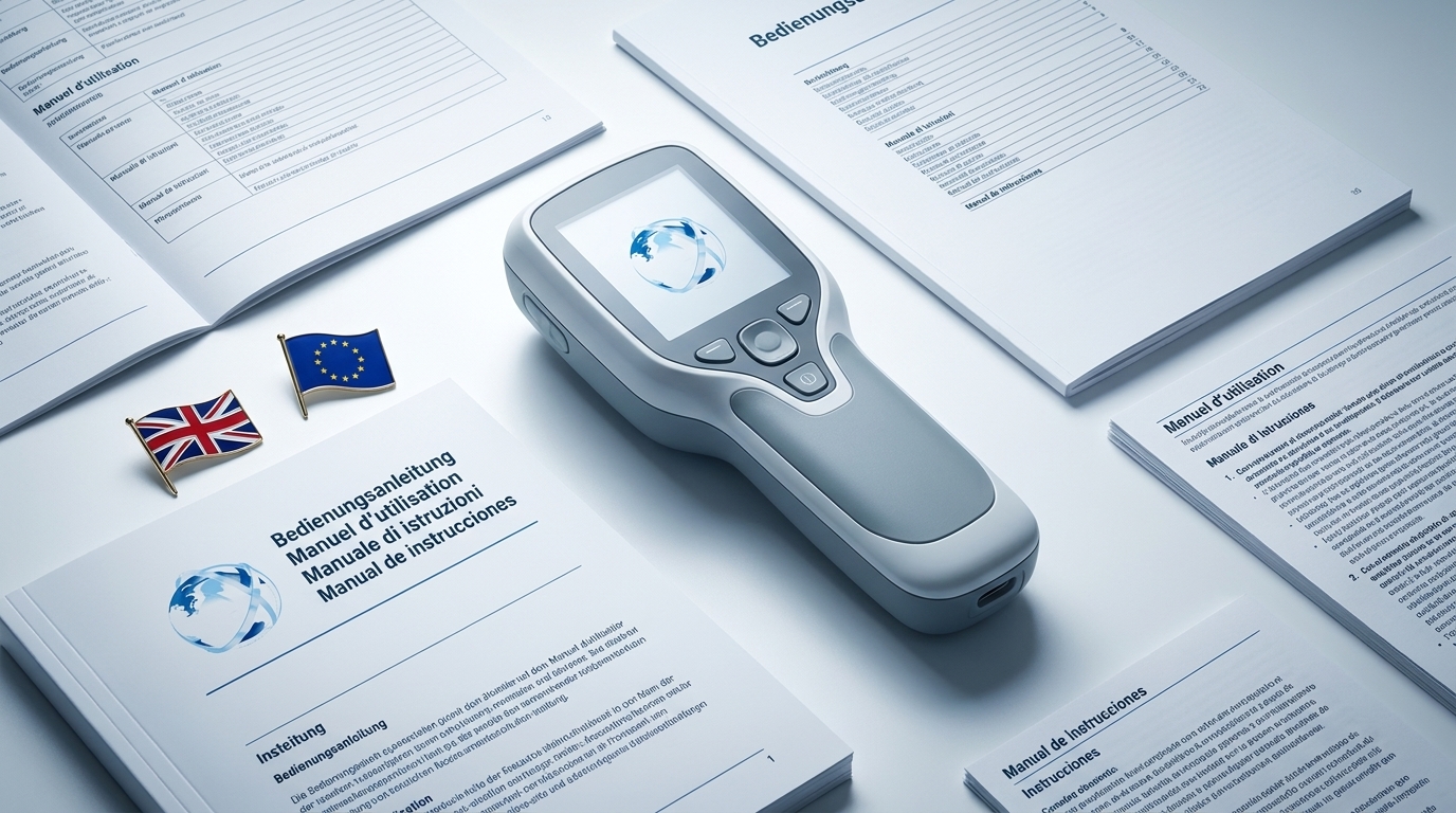 Multilingual IFU documents and a medical device on a clean white surface, representing EU MDR-compliant IFU translation services