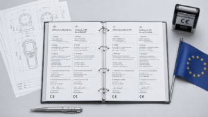 CE marking compliance documents with multilingual text in German, French, Polish and Spanish alongside CE stamp and engineering tools