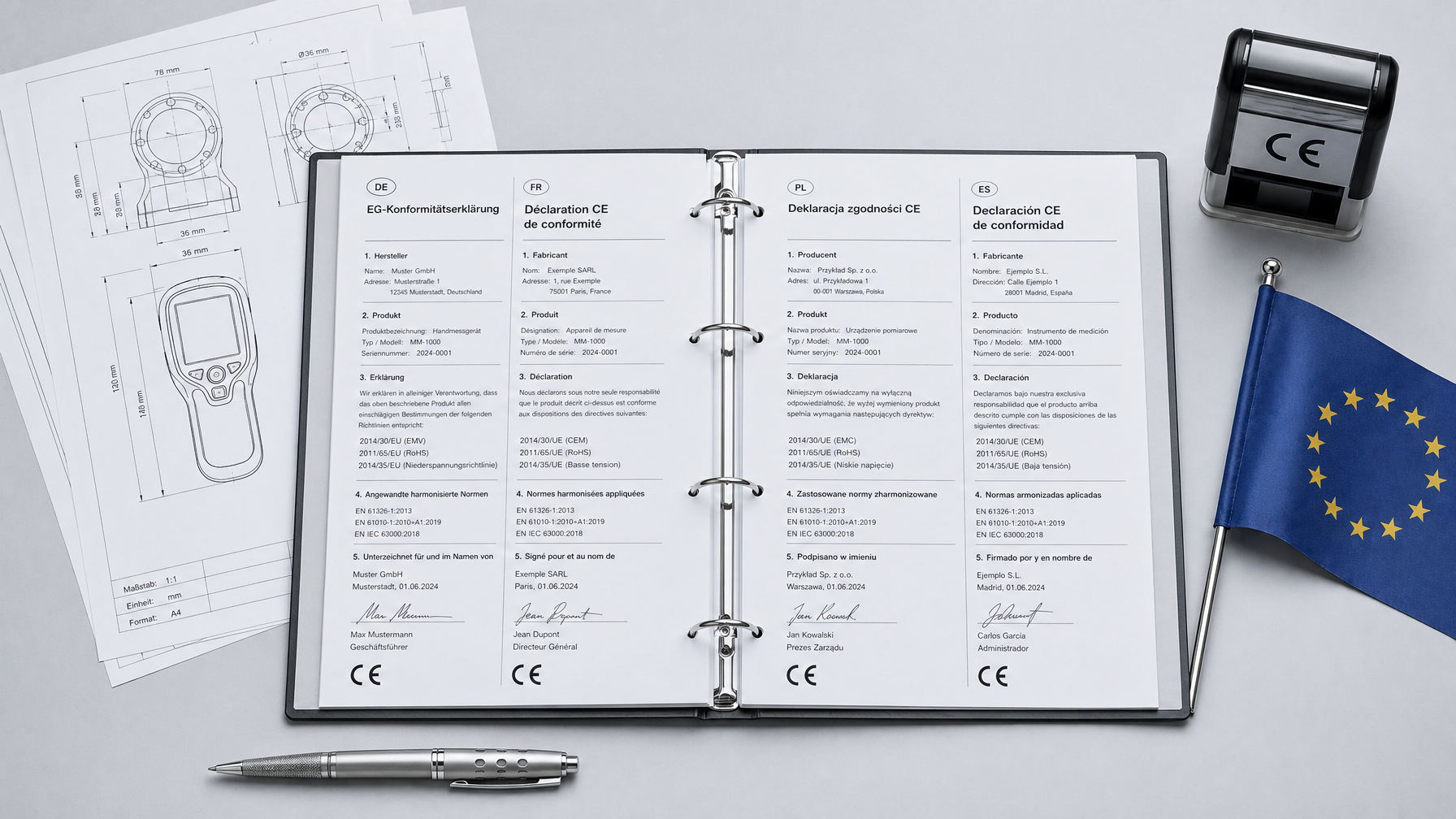 CE marking compliance documents with multilingual text in German, French, Polish and Spanish alongside CE stamp and engineering tools