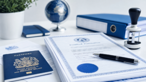 Official documents including a UK passport and certified translation certificate on a desk