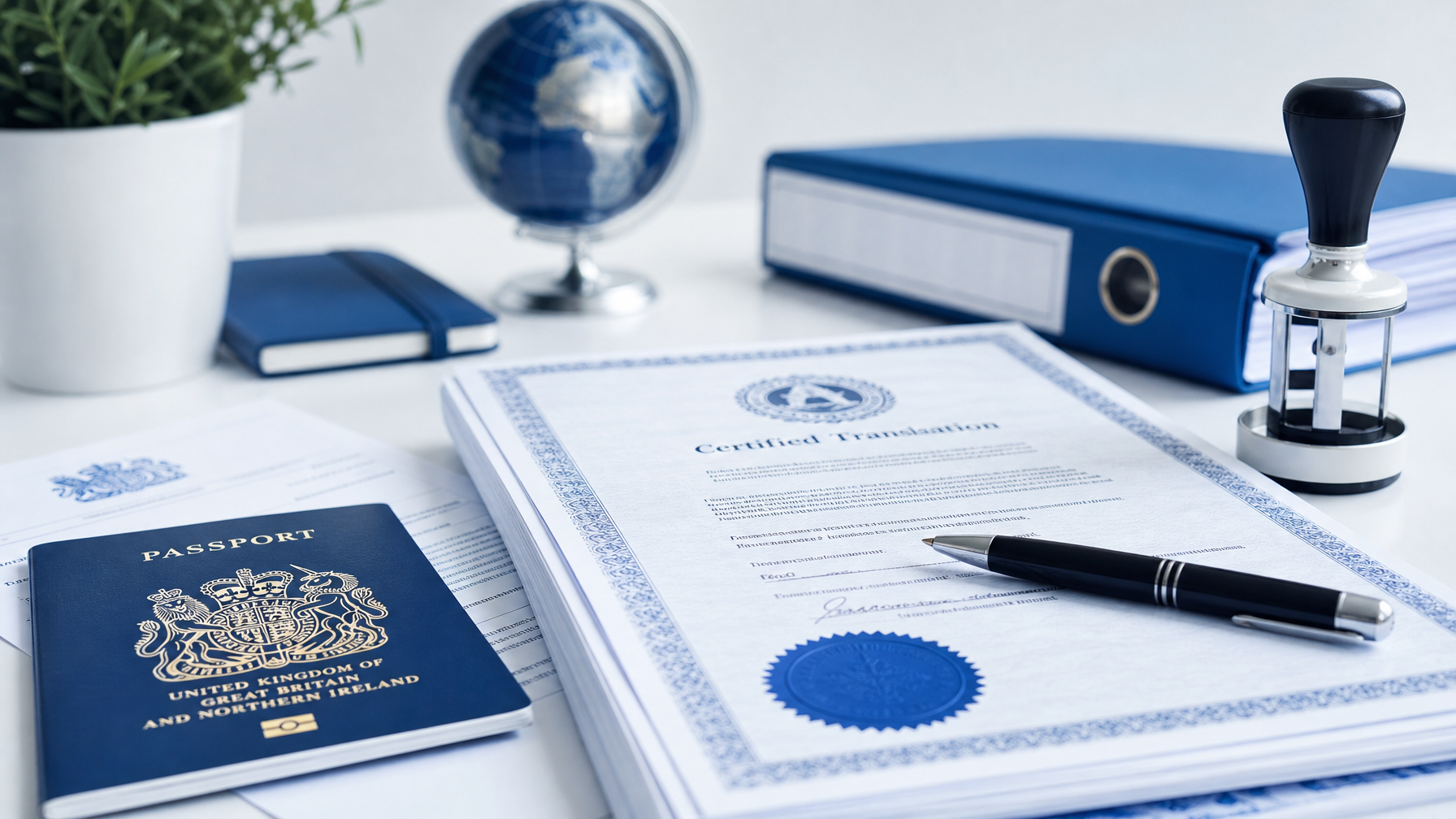 Official documents including a UK passport and certified translation certificate on a desk