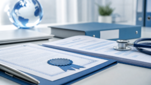 ISO quality certification document alongside medical translation documents