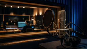 Professional voice-over recording studio with microphone and sound engineer