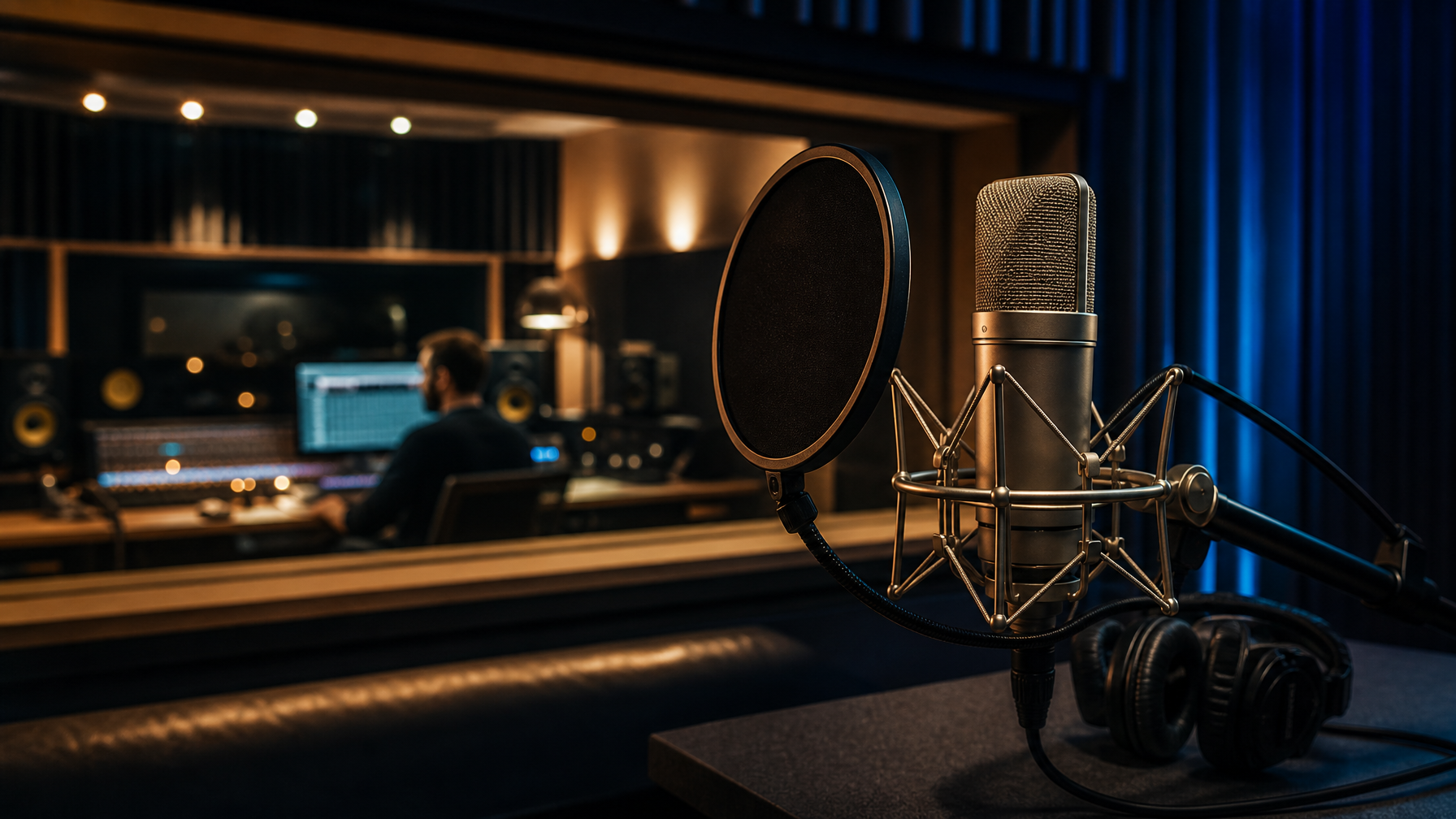 Professional voice-over recording studio with microphone and sound engineer