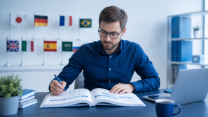 Technical writer at desk with multilingual user guide documents