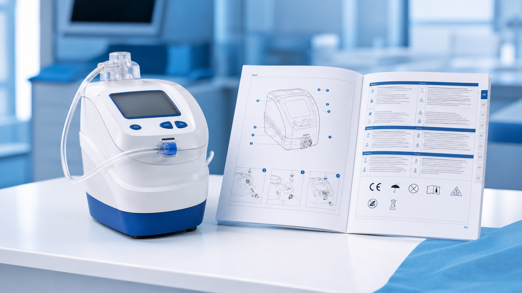 Medical device next to multilingual IFU instruction manual
