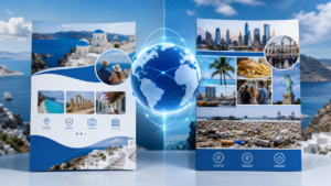 Tourism brochure shown in localised and non-localised versions side by side