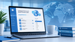 E-learning localisation - multilingual online course on a laptop with global language elements