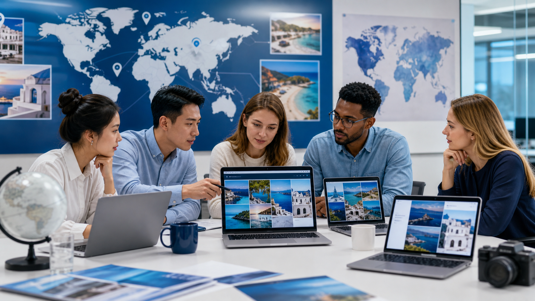 Travel brand marketing team reviewing multilingual content on screens