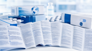 Multilingual patient information leaflets and medicine packaging spread out