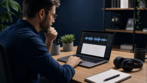 Producer reviewing a voice-over script on a laptop with audio waveforms visible on screen