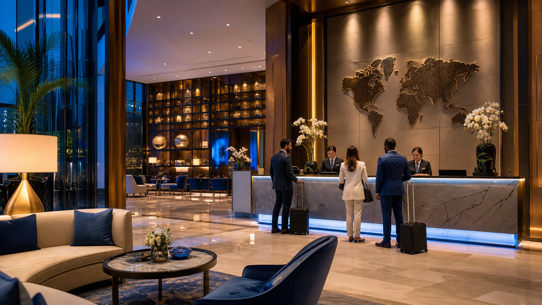International guests checking into a luxury hotel with multilingual signage