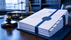 Official legal court bundle documents with exhibit tags and certification seal on a legal chambers desk