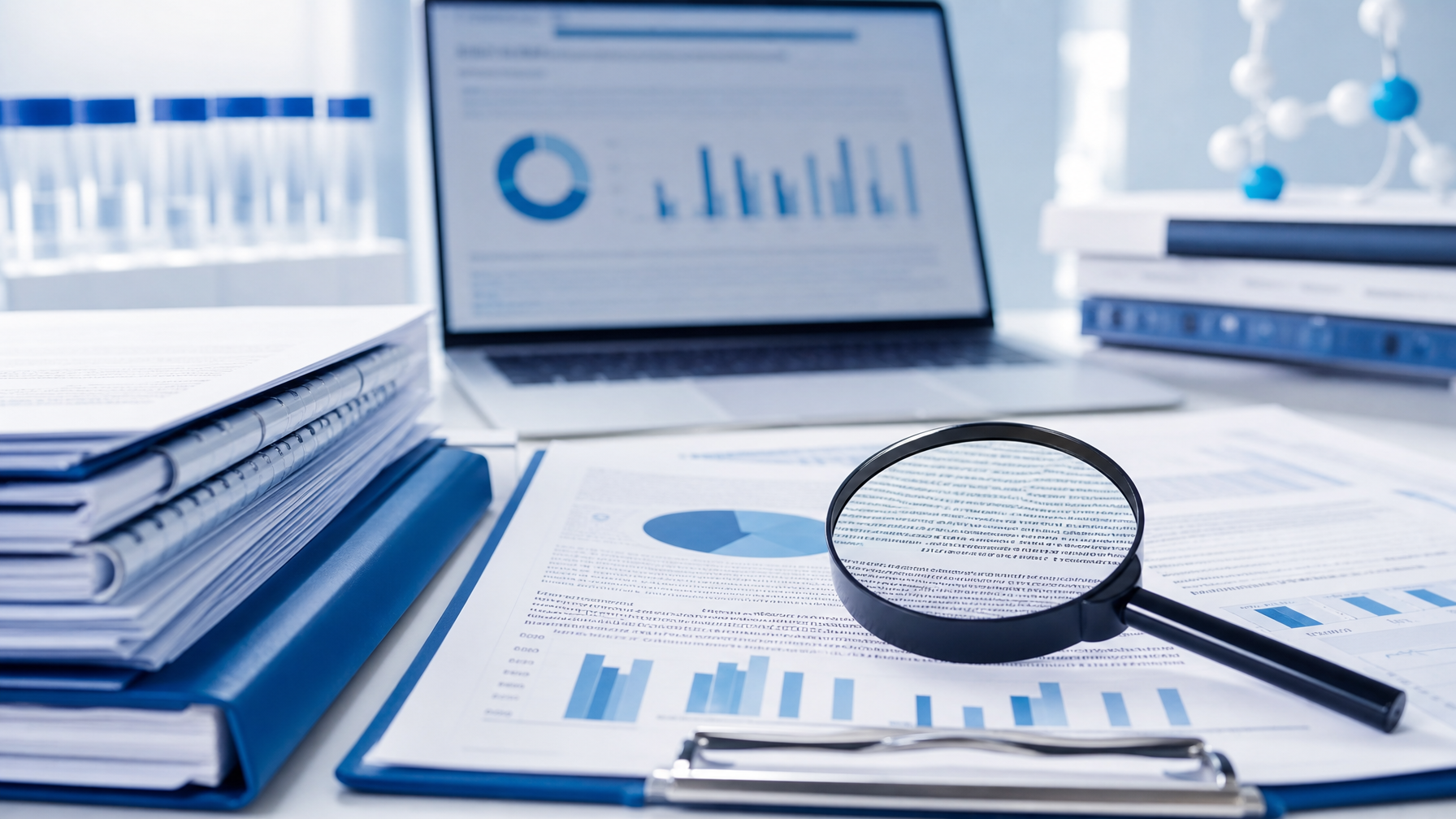 Clinical trial documents with a magnifying glass on a desk representing back translation quality review