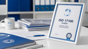 ISO 17100 certification document on a professional desk with translation documents