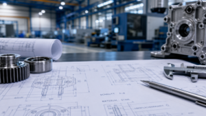 Engineering blueprints with German technical text elements and precision industrial tools