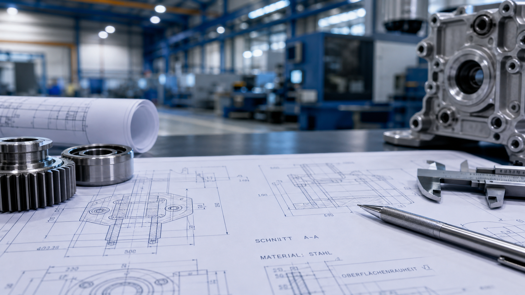 Engineering blueprints with German technical text elements and precision industrial tools