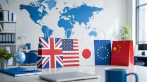 International shopping bags from different countries and a world map on a modern retail brand office desk