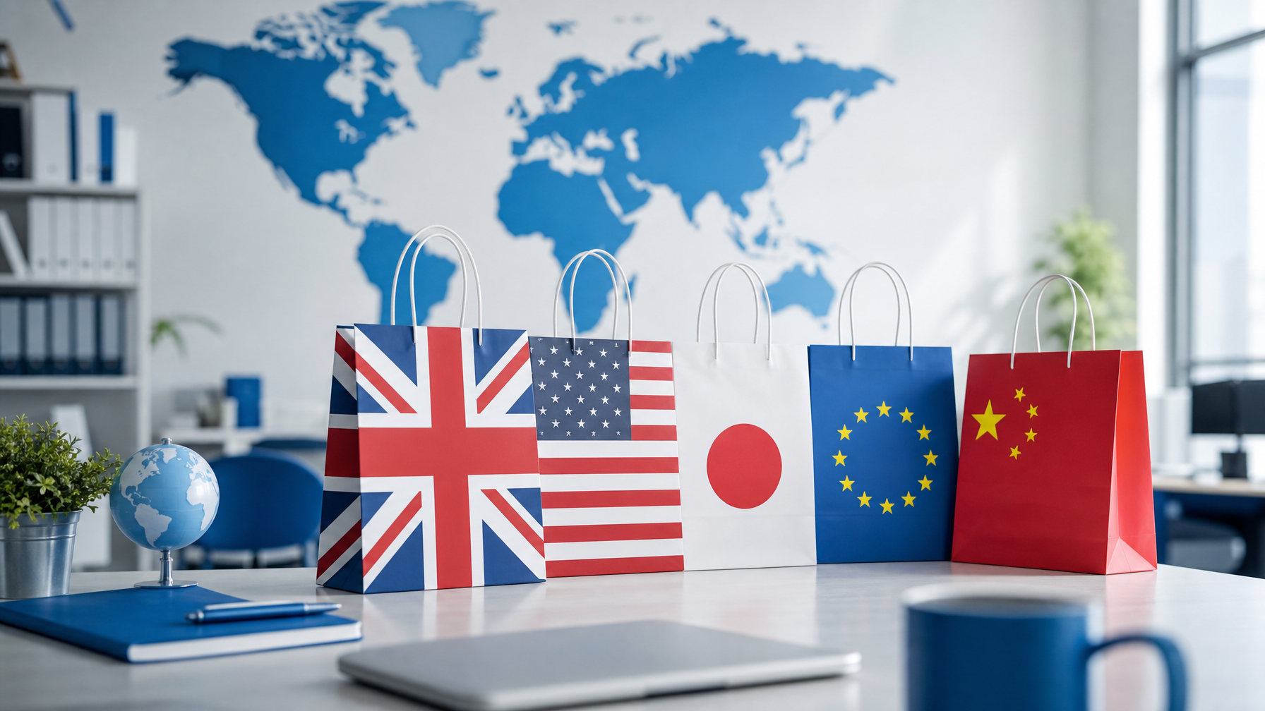 International shopping bags from different countries and a world map on a modern retail brand office desk