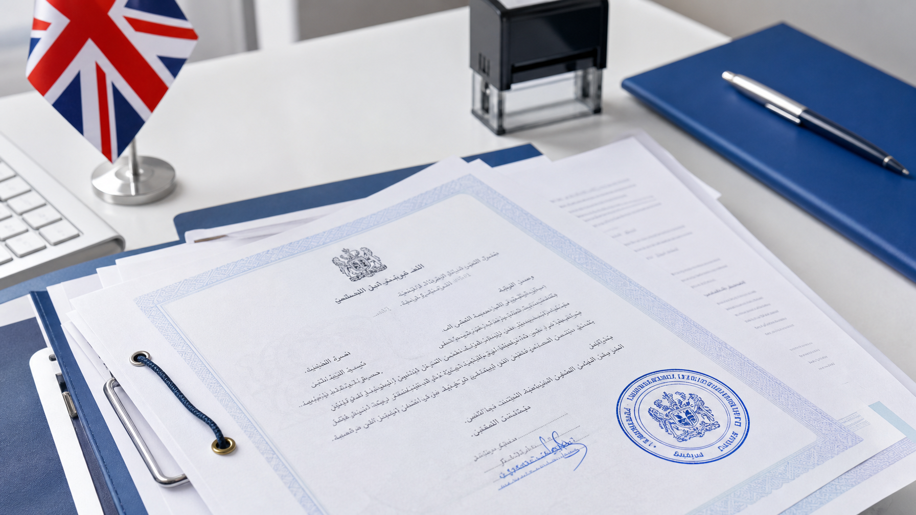 Official Arabic documents with certification stamp on a professional desk