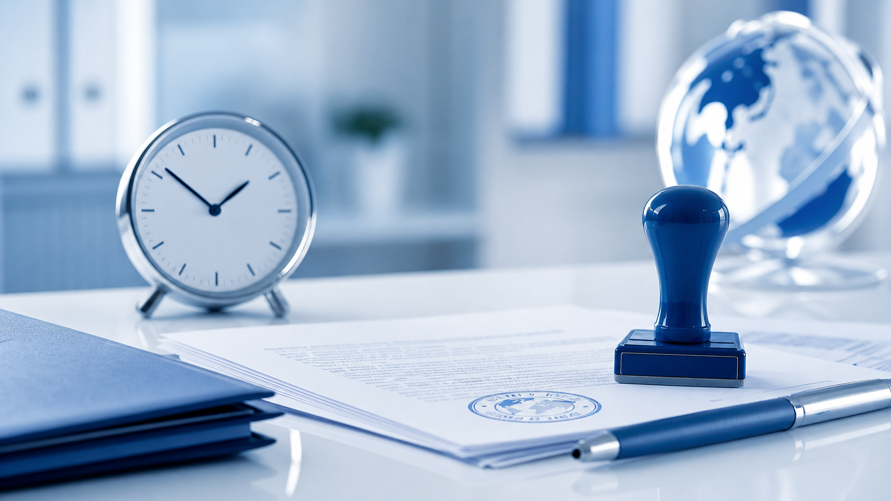 Official documents with a certification stamp and clock on a desk suggesting urgent certified translation