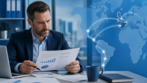 Professional reviewing Spanish trade documents with connections to Spain and Latin America
