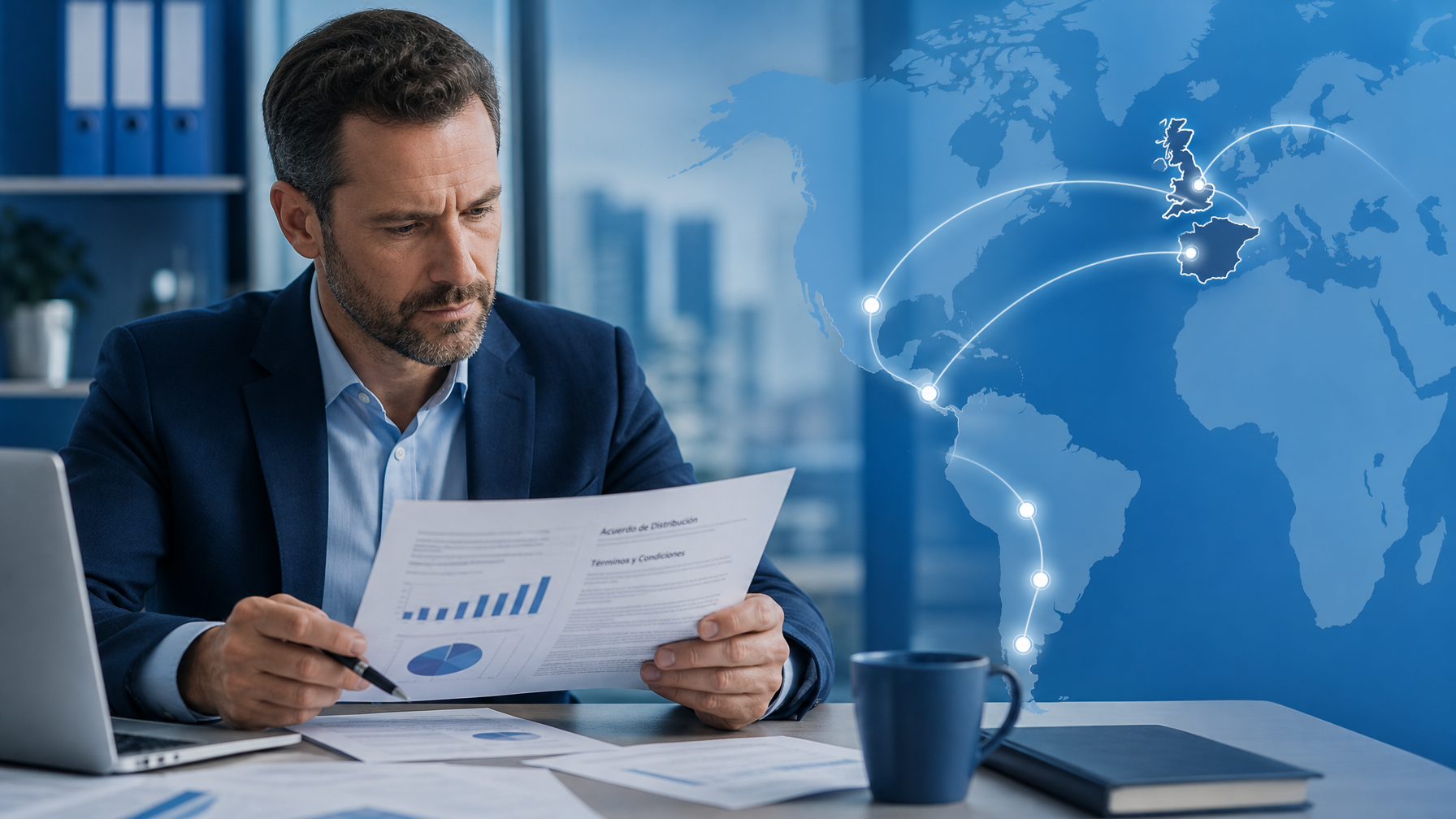 Professional reviewing Spanish trade documents with connections to Spain and Latin America