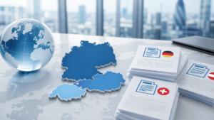 Map of Germany Austria and Switzerland with German language documents in professional business setting