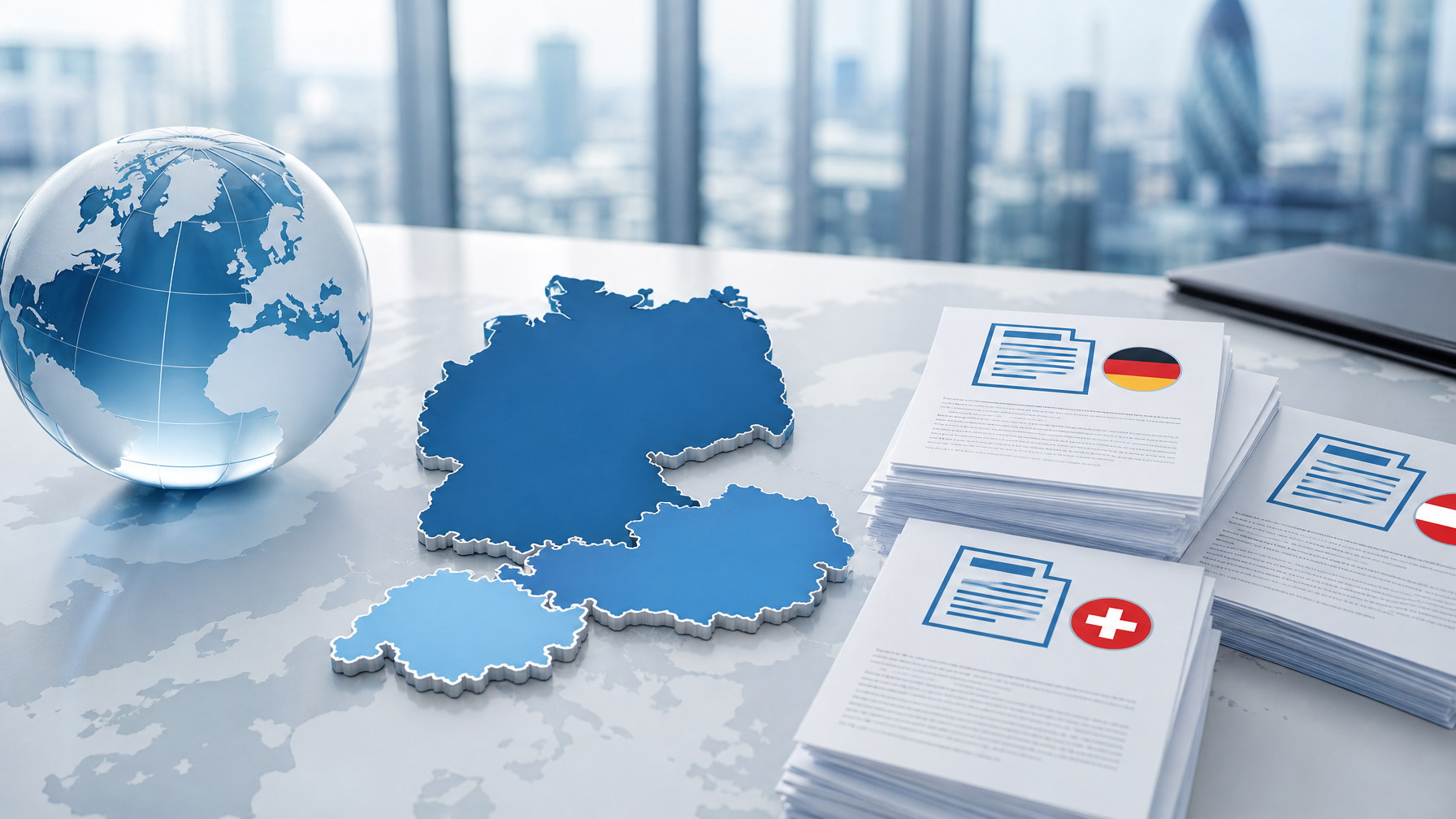 Map of Germany Austria and Switzerland with German language documents in professional business setting