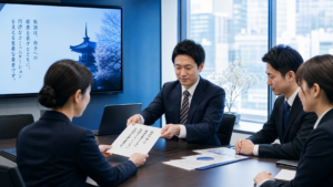 Japanese business professionals in formal meeting exchanging documents