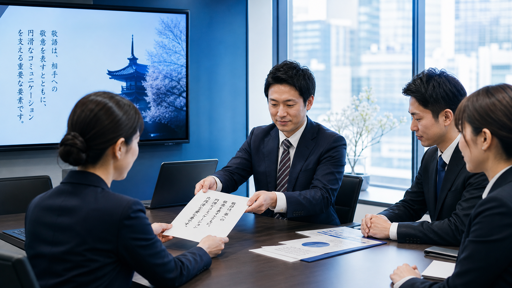 Japanese business professionals in formal meeting exchanging documents