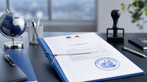 French official documents with certification stamp on a professional desk