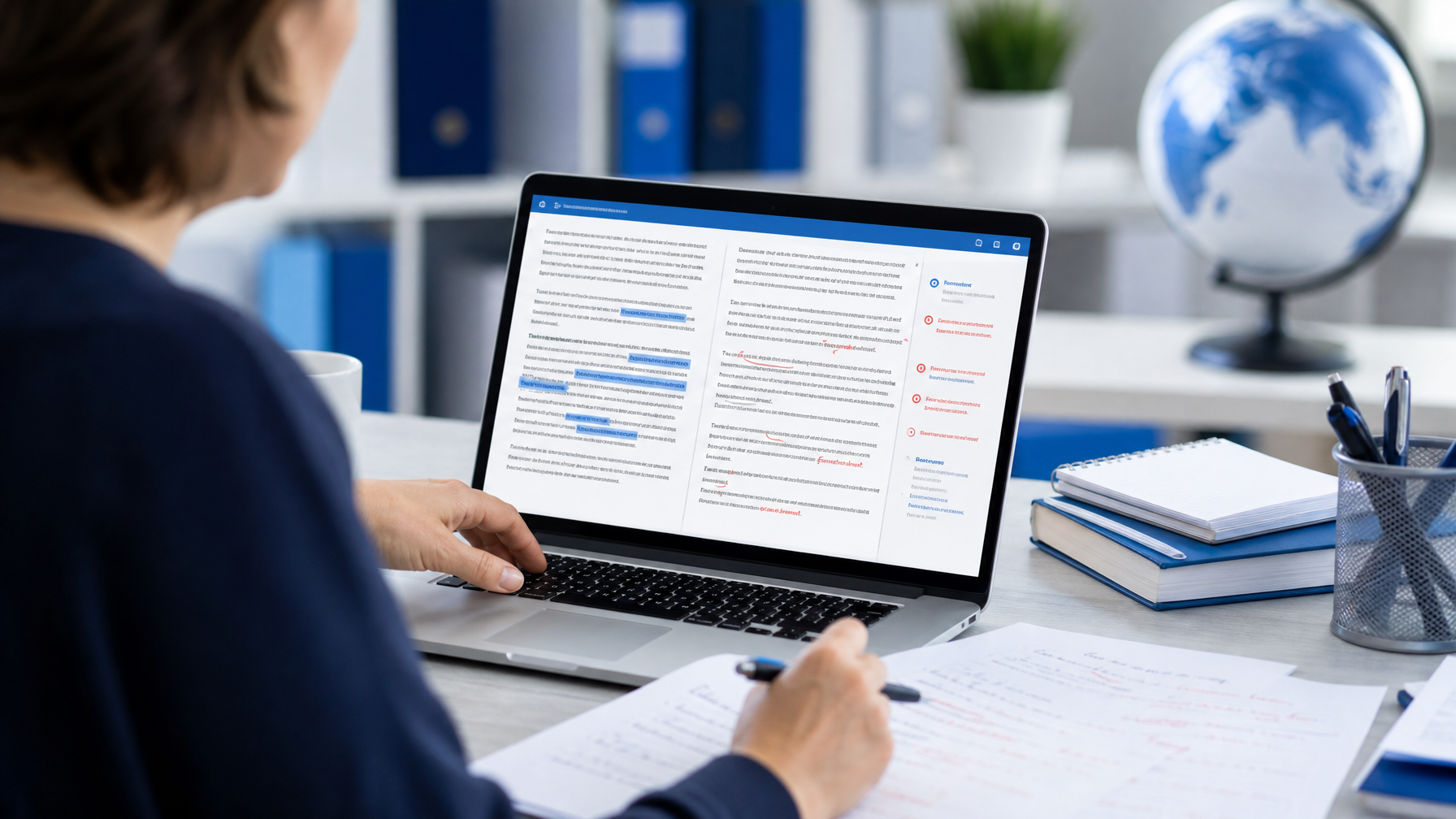 Person reviewing AI-generated translation on a laptop screen with correction notes on a desk