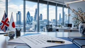 Japanese documents on a desk with a UK city skyline in the background