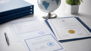 Official university diploma grade transcript and certified translation statement on clean office desk