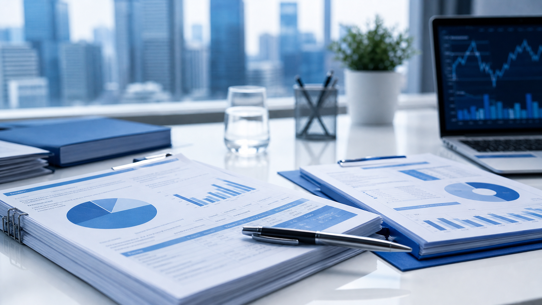 Investment portfolio charts, KIID compliance documentation, and financial market graphs on a modern office desk