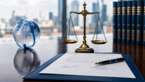 Scales of justice next to international legal contract and fountain pen on mahogany desk