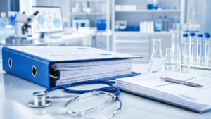 Clinical trial protocol documents, medical research binder, and stethoscope on a clean medical research lab desk