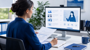Learning and development professional reviewing e-learning course content at desk