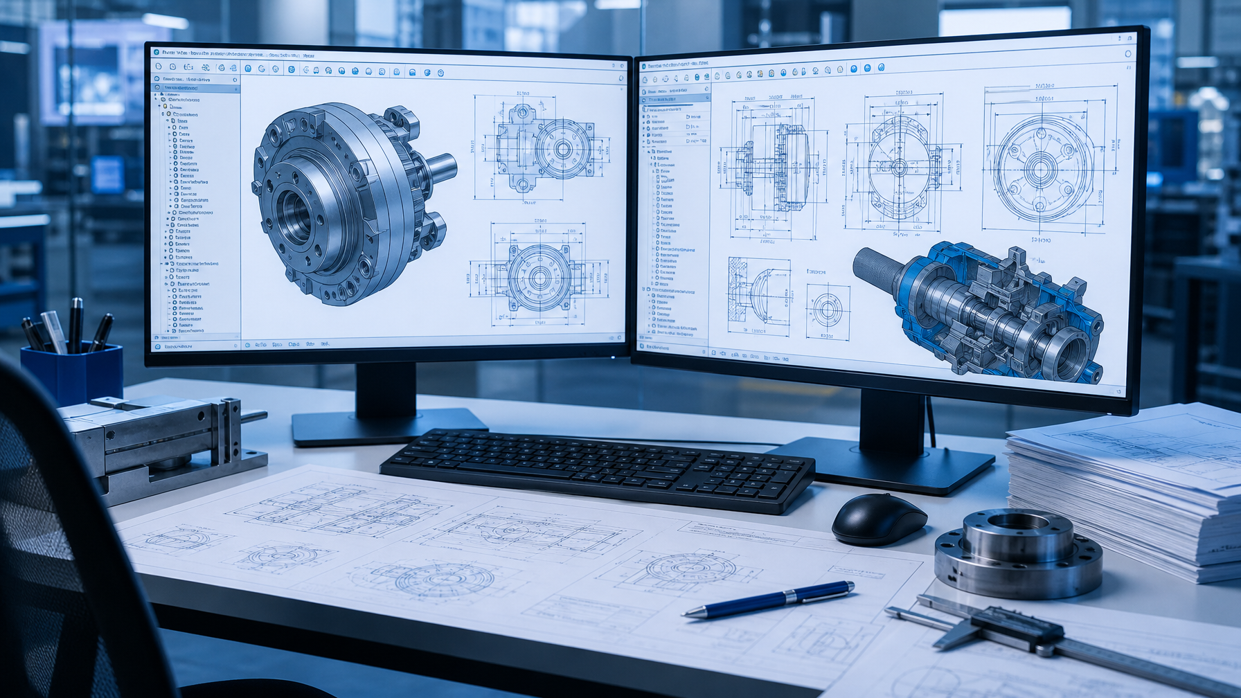 Detailed mechanical engineering CAD drawing on a modern dual-monitor workstation alongside printed blueprint schematics and callout notes