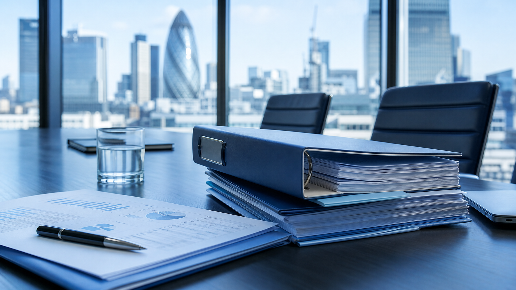 M&A deal binder and confidential financial acquisition documents on a sleek corporate conference desk