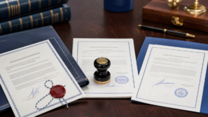 Legal documents with notary stamp wax seal and official certification statement on a professional desk