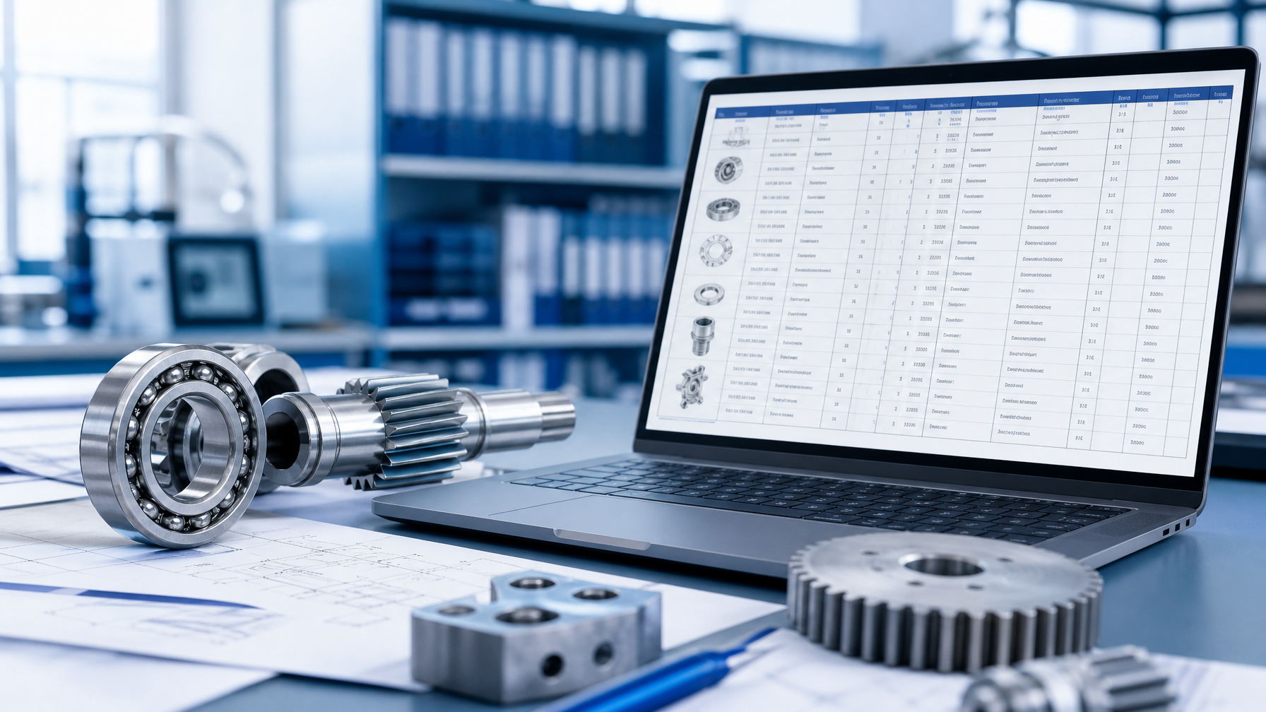 Engineering parts catalog, BOM spreadsheet on a laptop screen, and industrial mechanical component samples on a desk