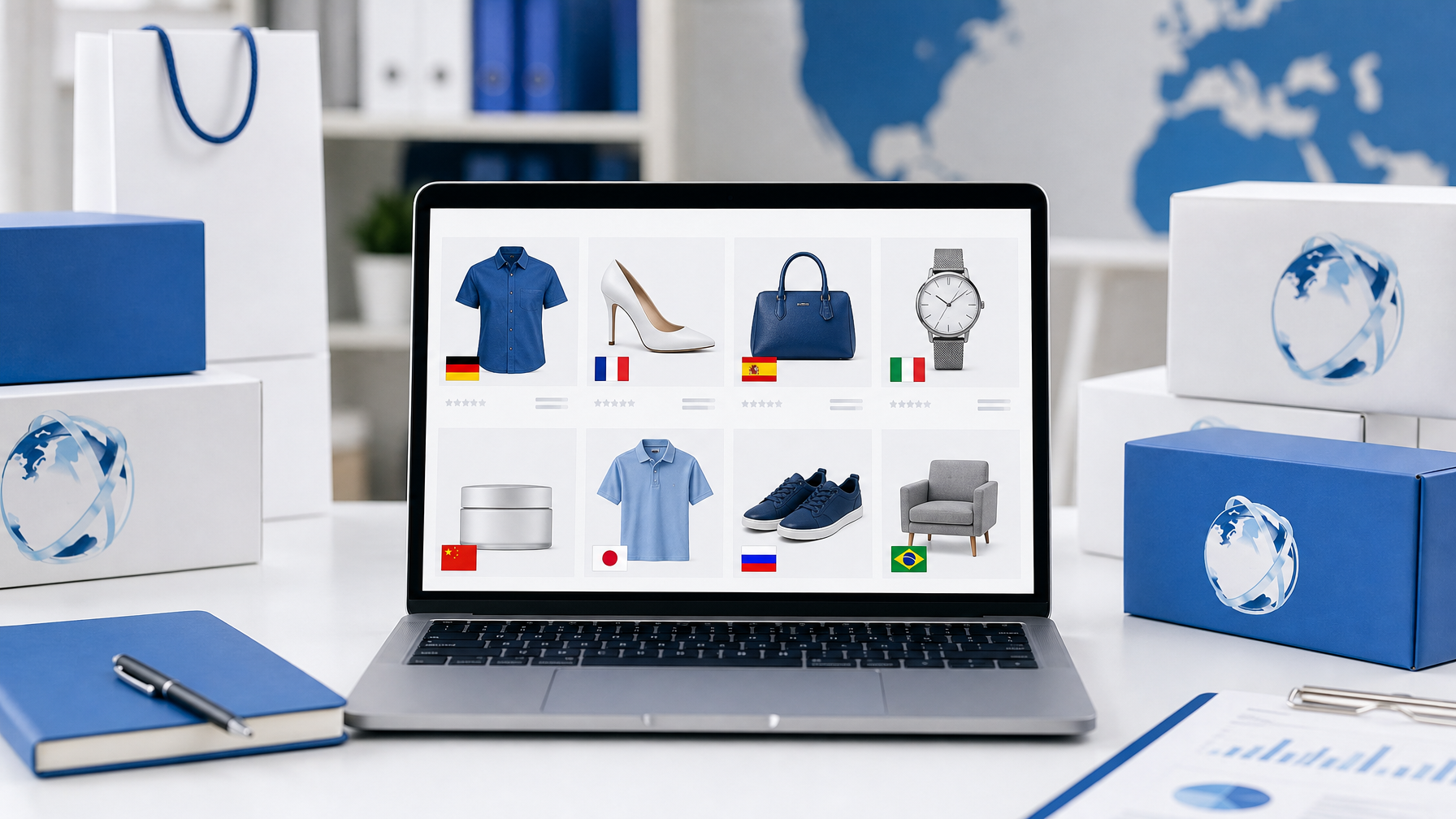 Laptop showing an online product catalogue with international flags surrounded by product boxes on a modern desk