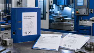 Industrial machinery operating manual binder and official declaration of conformity documents on an engineering workbench