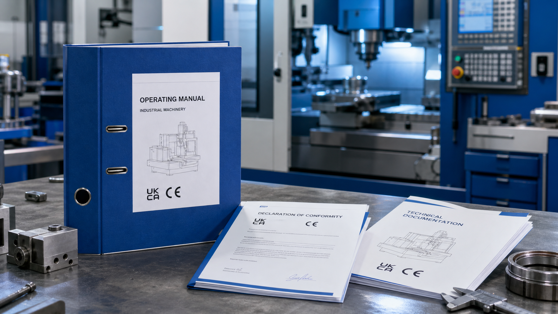 Industrial machinery operating manual binder and official declaration of conformity documents on an engineering workbench