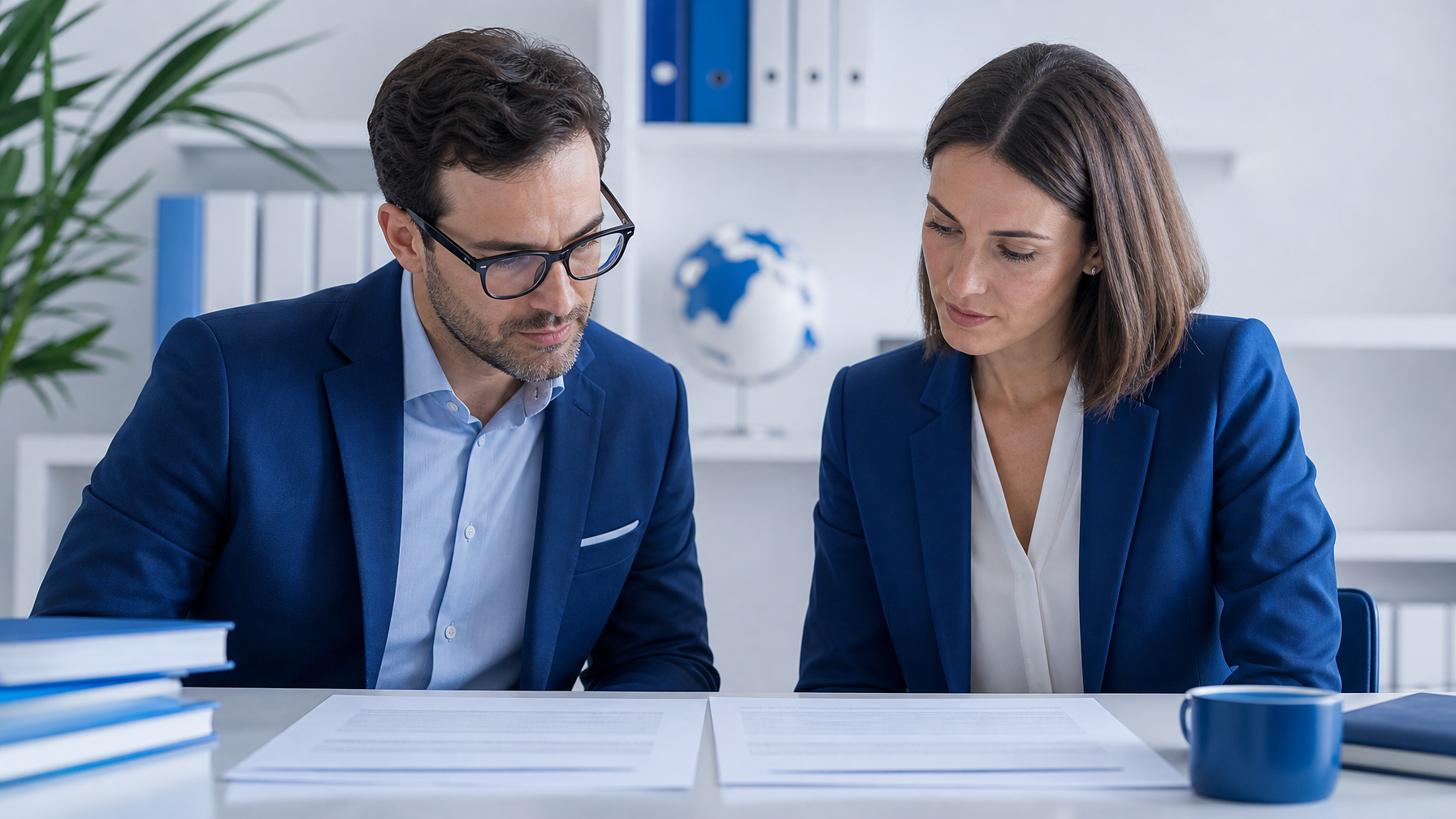 Two professionals reviewing a translated document side by side at a clean office desk