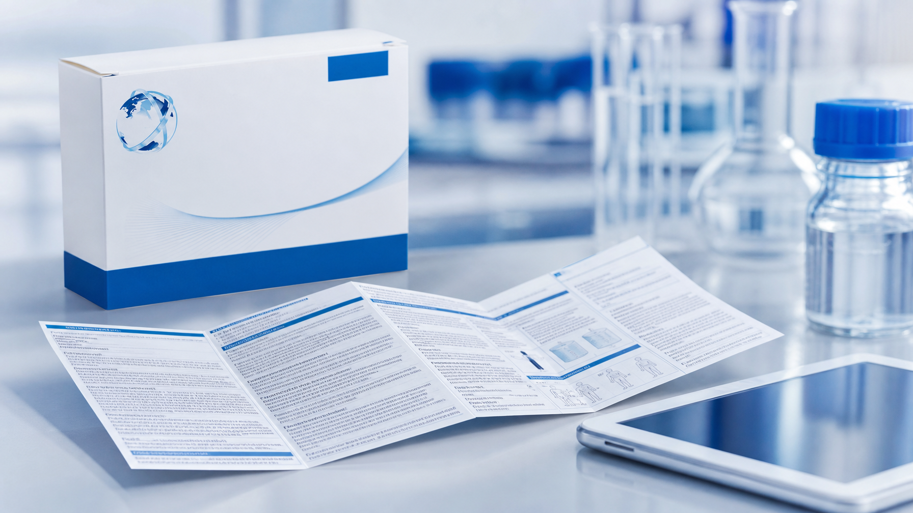 Pharmaceutical medicine box with patient information leaflet unfolded on a sterile lab table alongside a tablet device